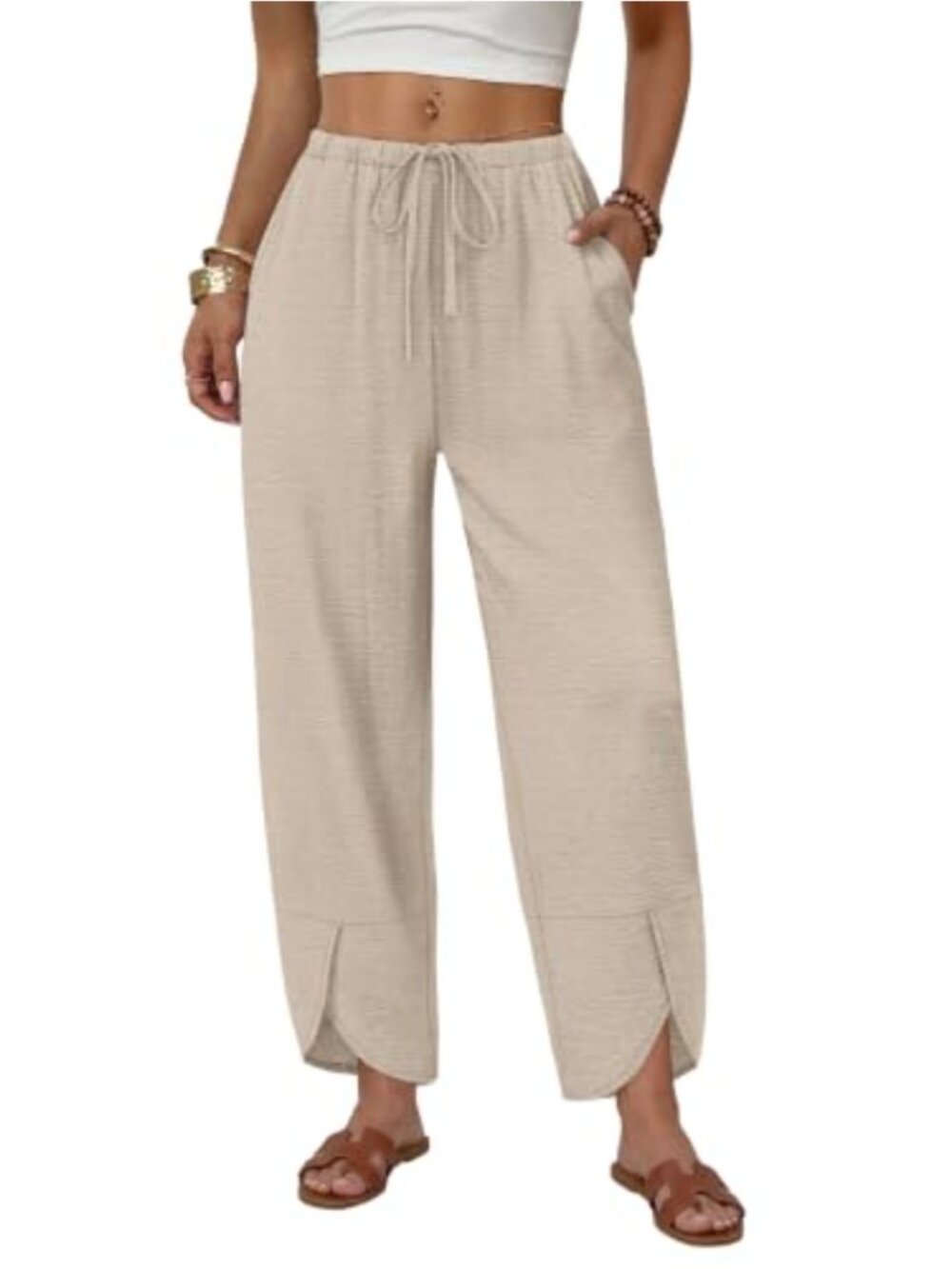 Wide Leg Palazzo Capri Pants Drawstring Waist Flowy Vacation Beach